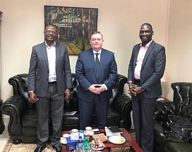On the meeting between Russian Ambassador to Uganda H.E. Vladlen Semivolos and Head of Special at Vision Group Sidney Miria and Senior Advertising Manager Isaiah Mwalye